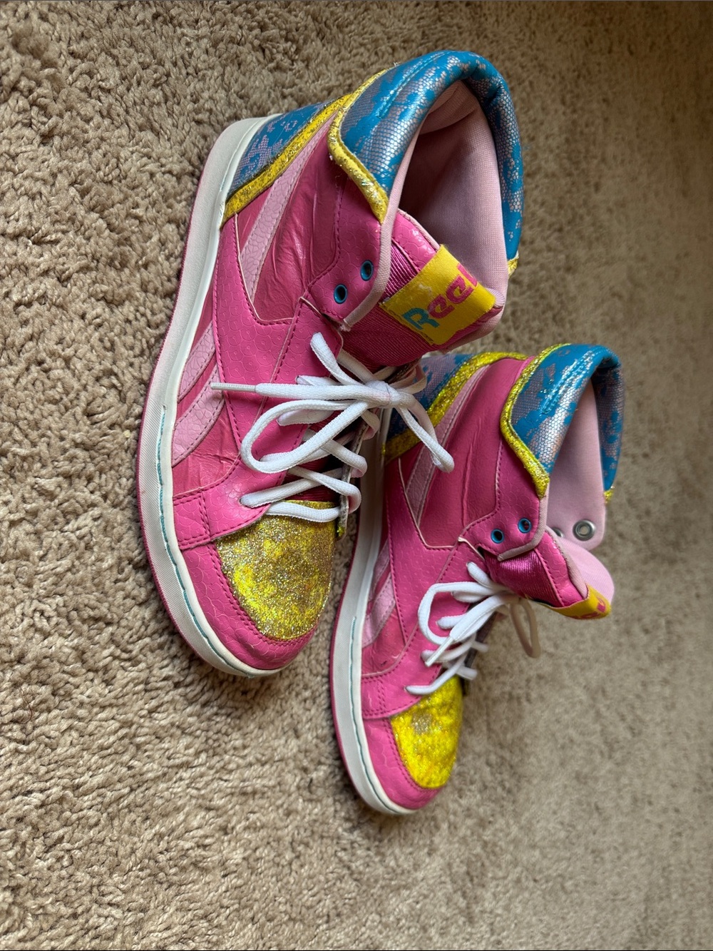 Reebok Y2K Pink, Yellow & Blue Glitter High-Top Sneakers One of a Kind size 6